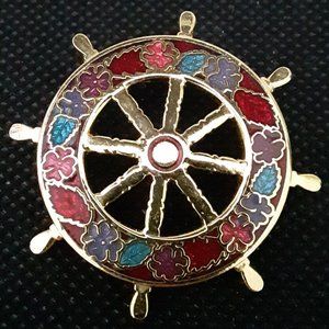Cloisonne Floral Nautical Ships Wheel Pin Brooch